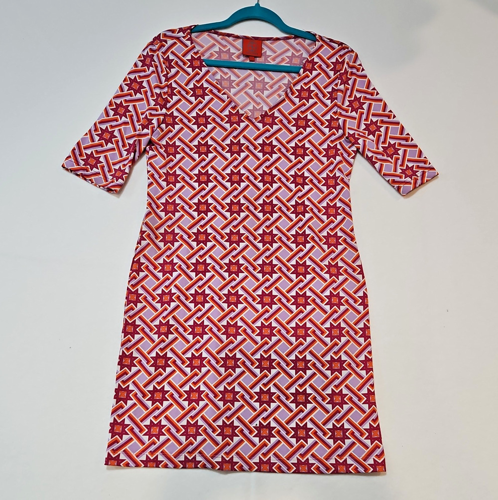 Tracy Negoshian Women's S Shift Dress V-Neck 3/4 Sleeve Geometric Knit Knee